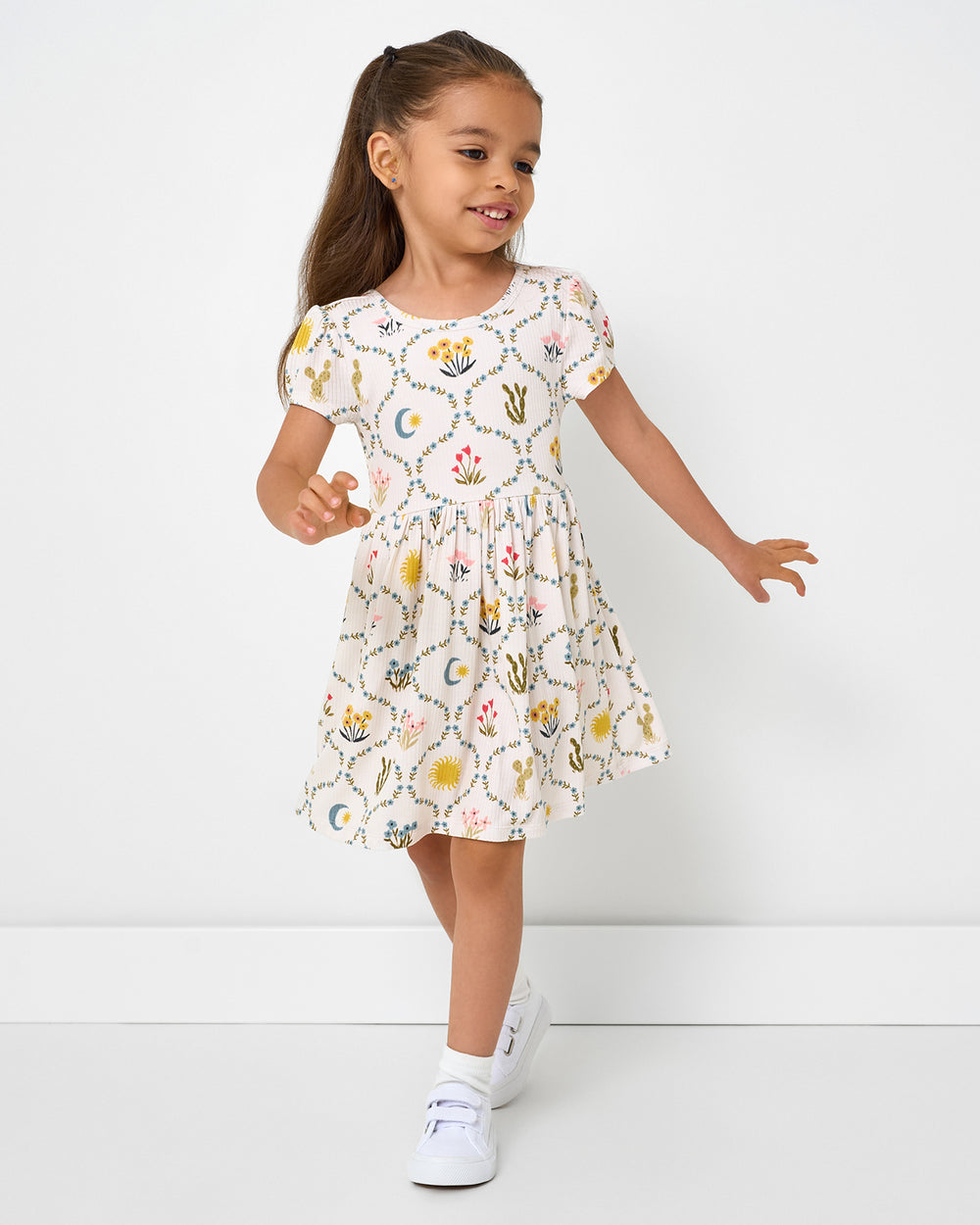 Girl wearing the Desert Meadow Ribbed Skater Dress