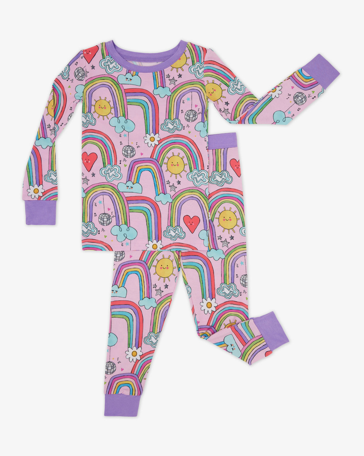 Flat lay of the Disco Rainbows Two-Piece Pajama Set