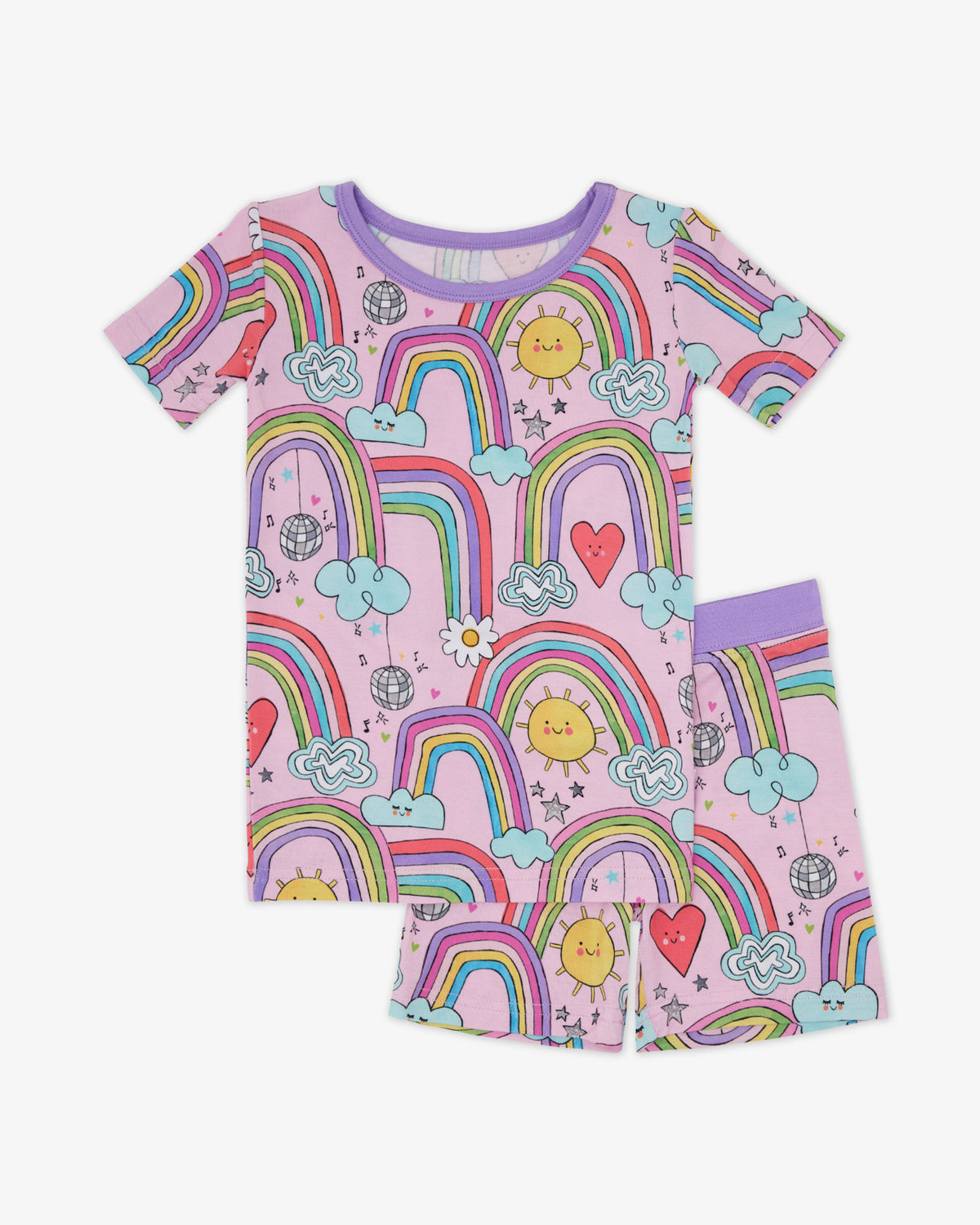 Flat lay of the Disco Rainbows Two-Piece Short Sleeve & Shorts Pajama Set