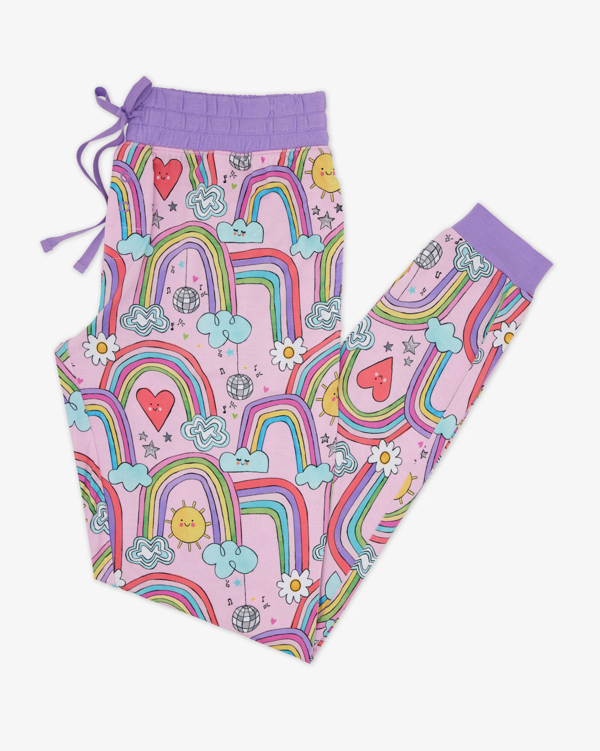 Flat lay of the Disco Rainbows Women's Pajama Pants