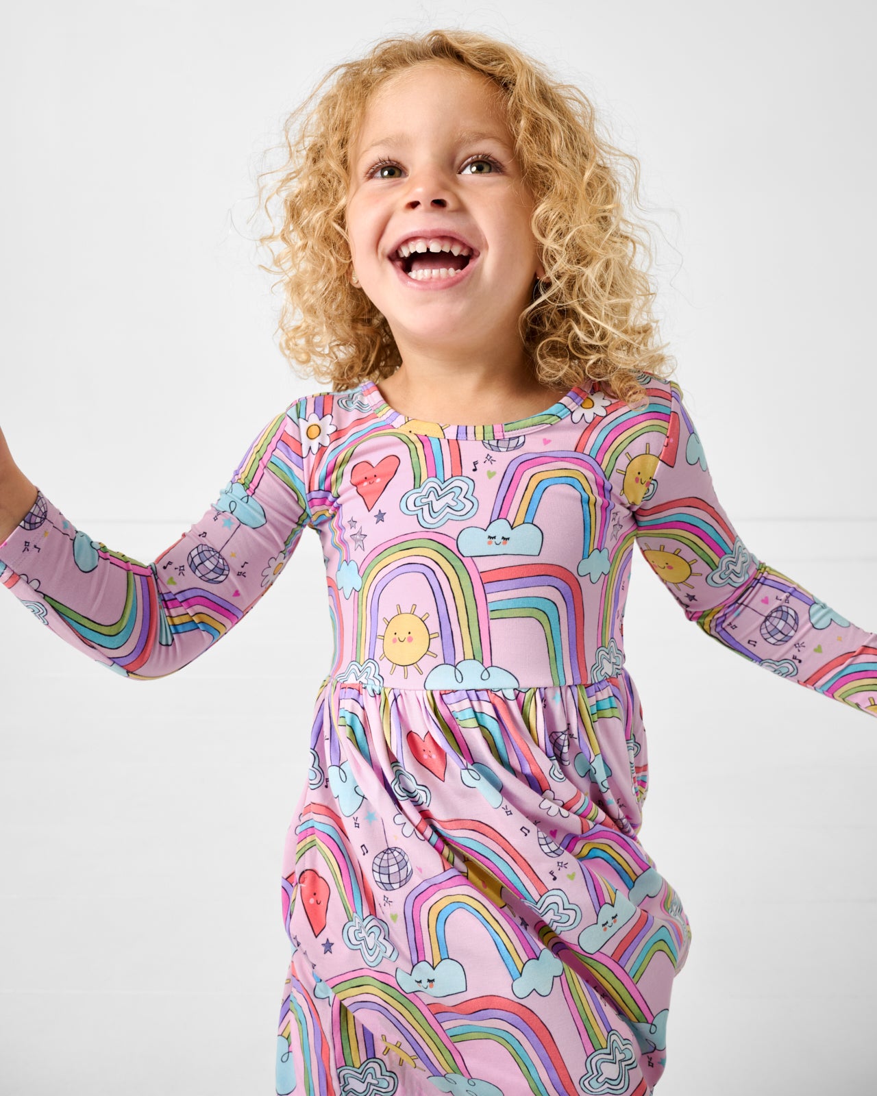 Close up of alternate girl wearing the Disco Rainbows Skater Dress