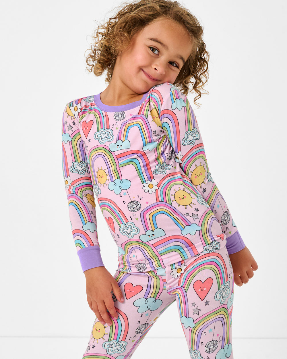 Close up of alternate girl wearing the Disco Rainbows Two-Piece Pajama Set