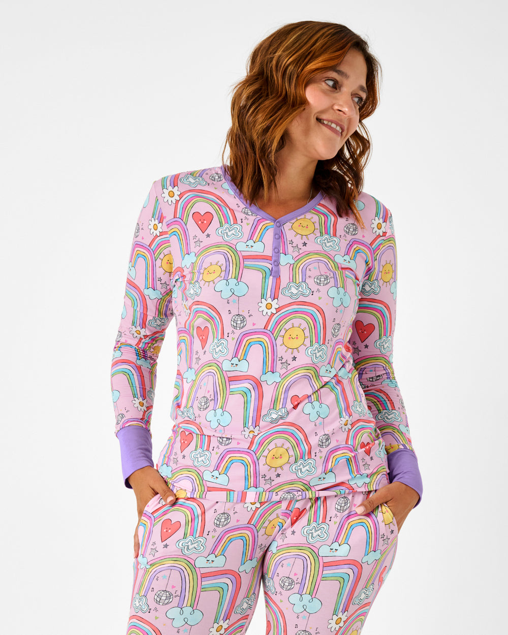 Woman wearing the Disco Rainbows Women's Long Sleeve Pajama Top
