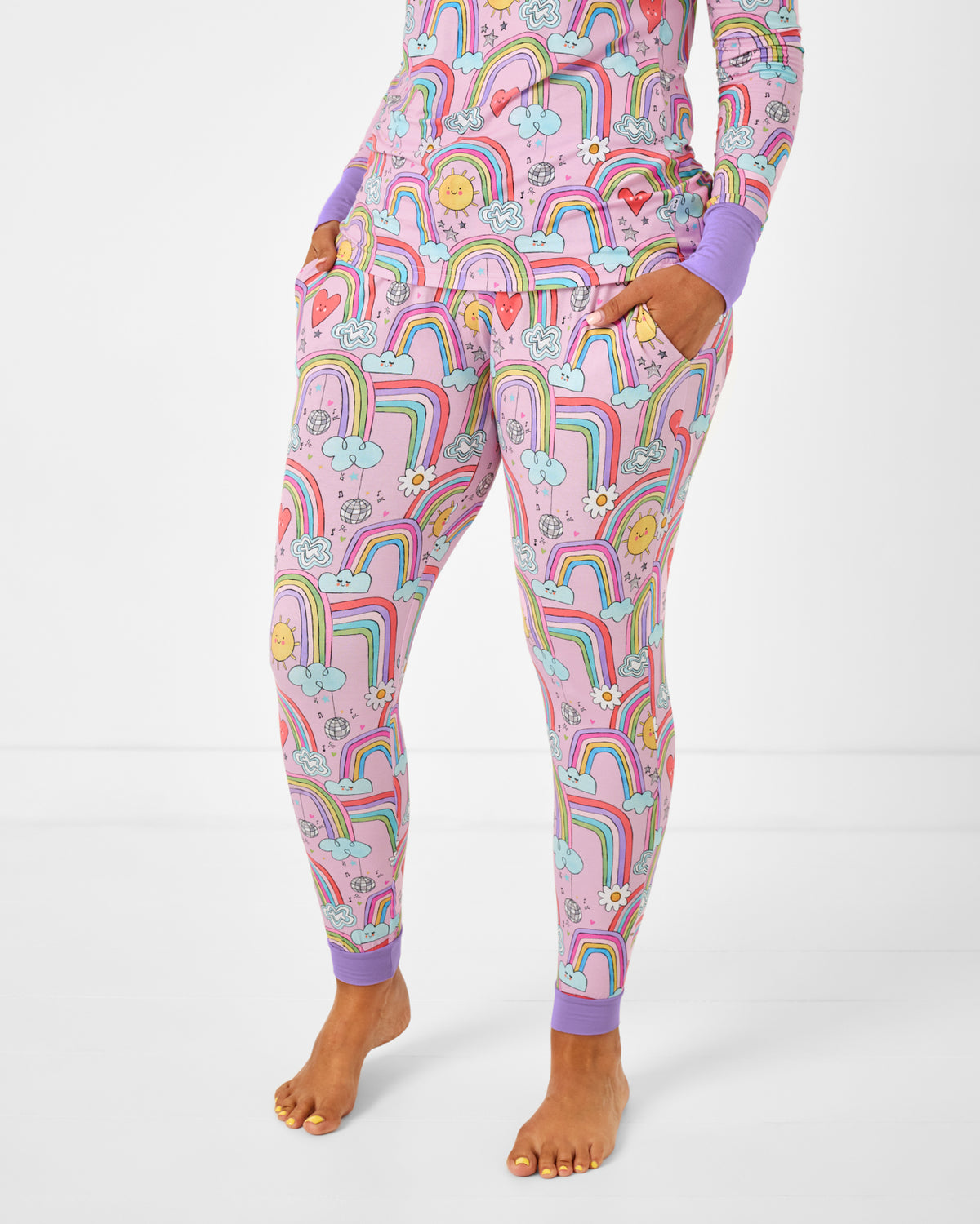 Woman wearing the Disco Rainbows Women's bamboo Pajama Pants