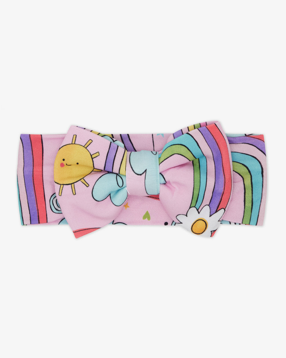 Flat lay of the Disco Rainbows Luxe Bow Headband
