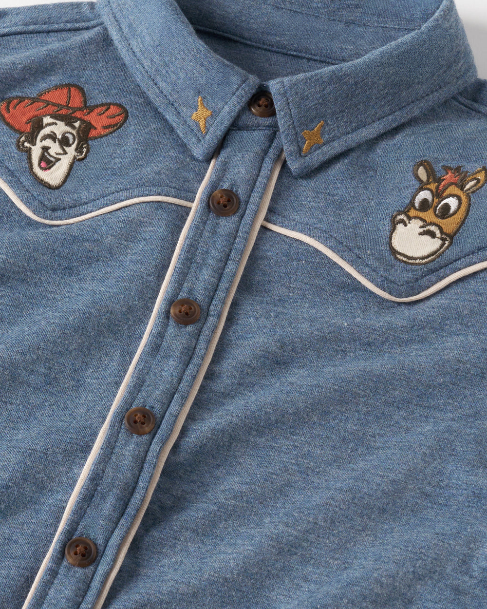 Close up of the color detail on the Disney & Pixar The Roundup Gang Button Down Polo