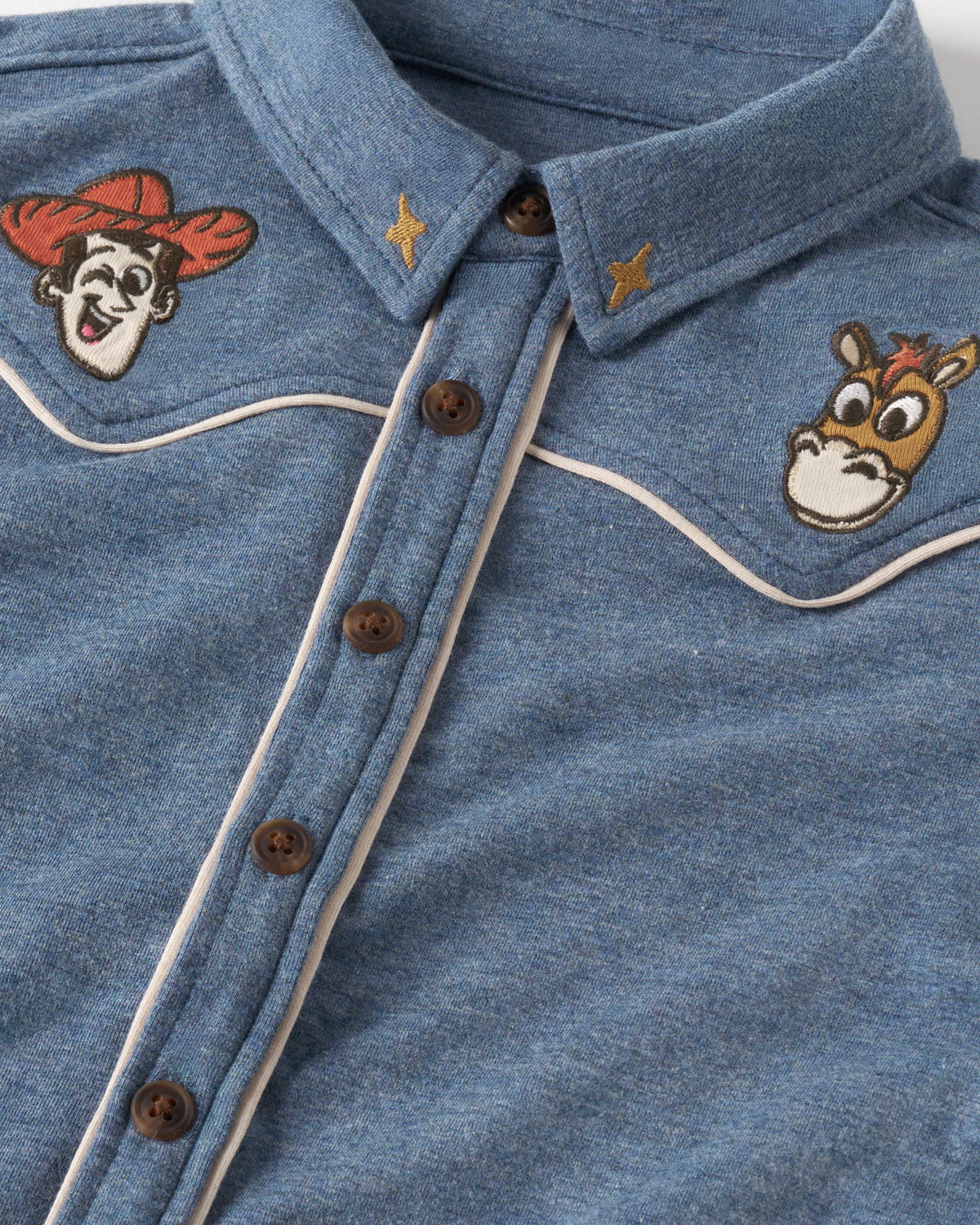 Close up of the color detail on the Disney & Pixar The Roundup Gang Button Down Polo