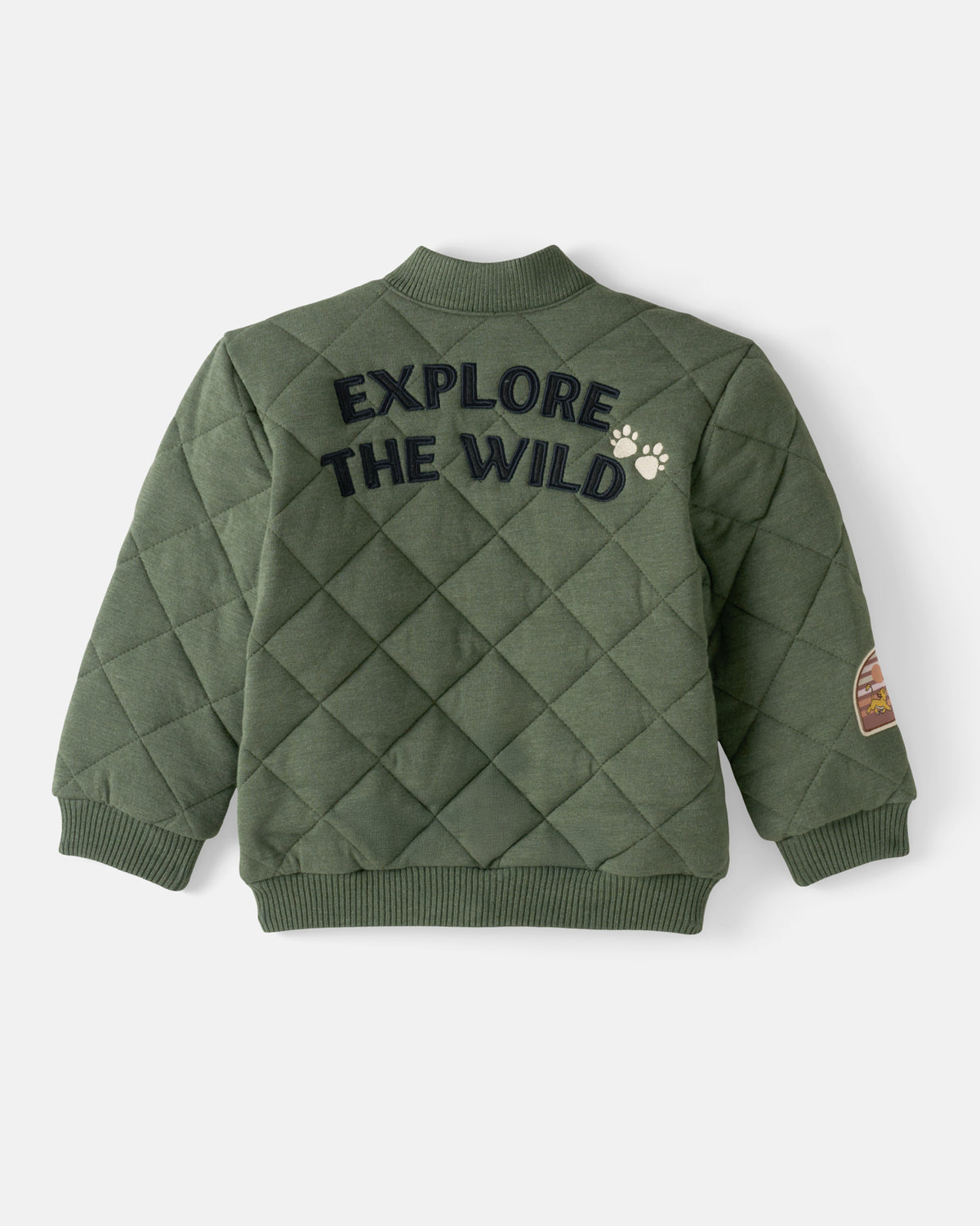 Flat lay of the back of the Disney Explore The Wild Quilted Varsity Jacket