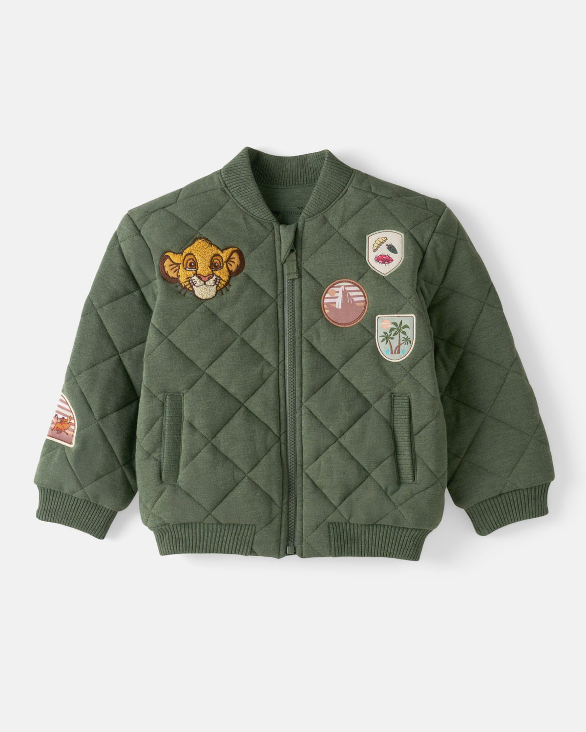 Flat lay of the front of the Disney Explore The Wild Quilted Varsity Jacket