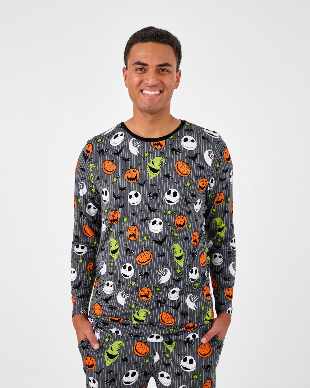 Standing man wearing the Disney The Nightmare Before Christmas Men's Long Sleeve Pajama Top