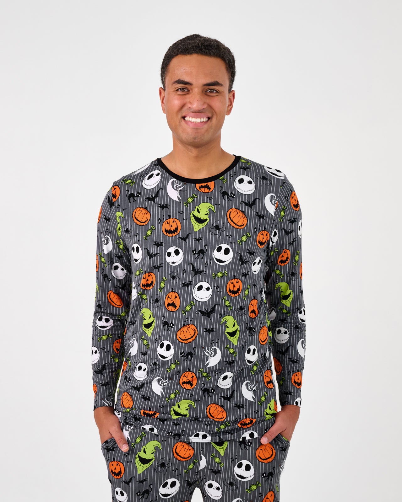 Standing man wearing the Disney The Nightmare Before Christmas Men's Long Sleeve Pajama Top
