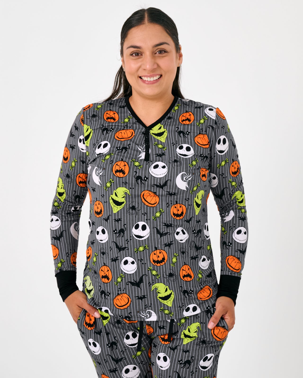 Woman wearing the Disney The Nightmare Before Christmas Women's Long Sleeve Pajama Top