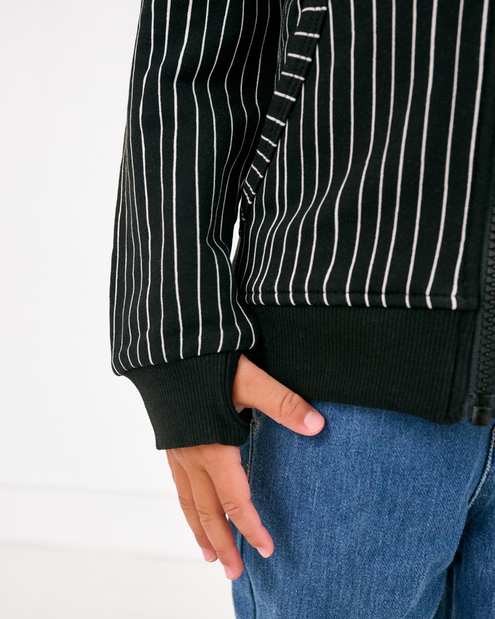 Close up of the thumb hole detail on the Disney Jack Skellington Zip Hoodie