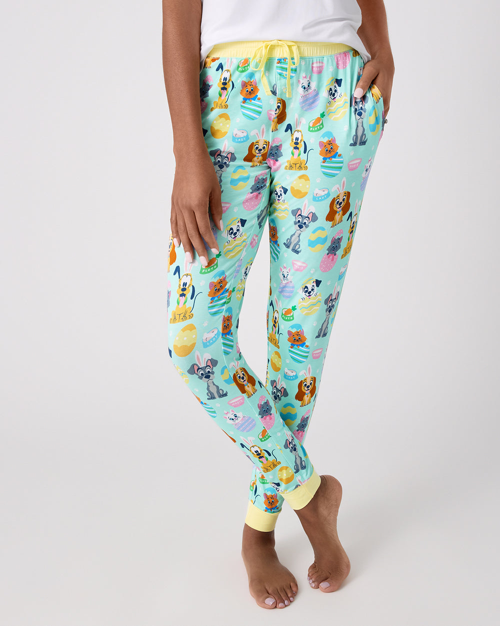Woman wearing the Disney Peekaboo Pets Women's Pajama Pants