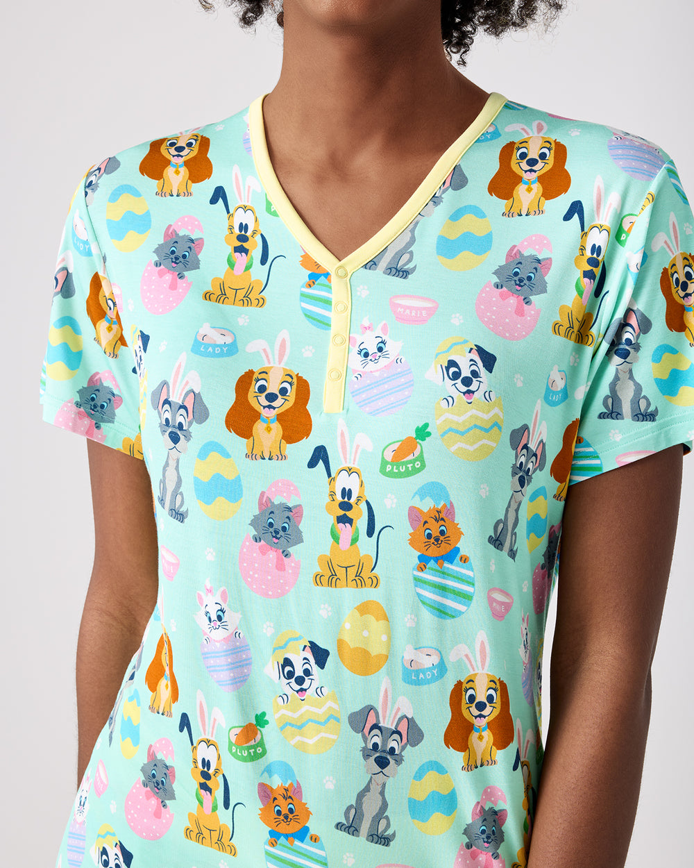 Close up of the henley buttons on the Disney Peekaboo Pets Women's Short Sleeve Pajama Top