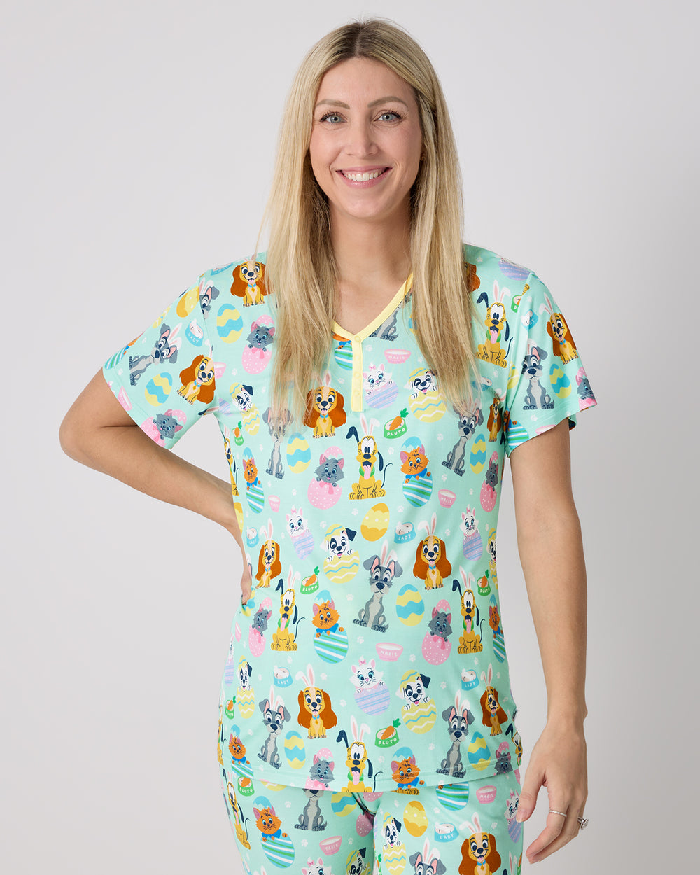 Woman wearing the Disney Peekaboo Pets Women's Short Sleeve Pajama Top