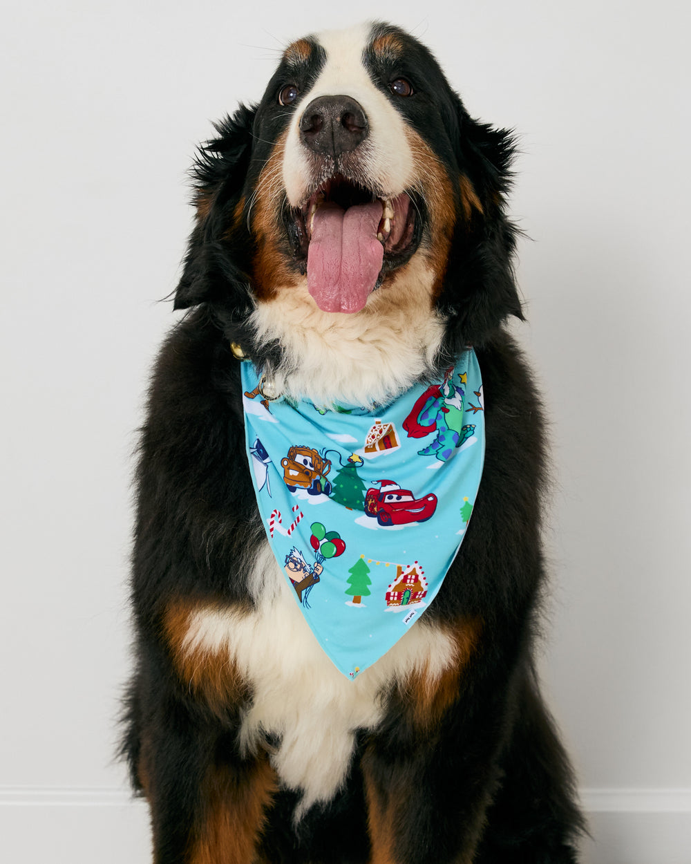 Large dog wearing the Disney & Pixar Christmas Village Pet Bandana