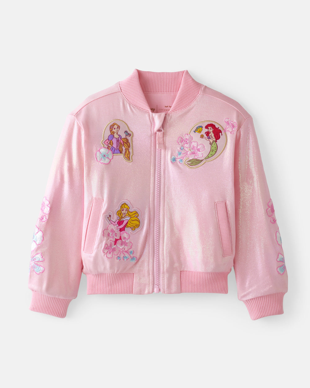 Flat lay of the front of the Disney Princess Iridescent Varsity Jacket