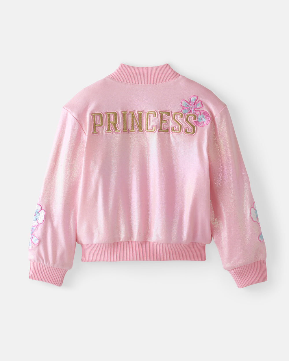 Flat lay of the back of the Disney Princess Iridescent Varsity Jacket