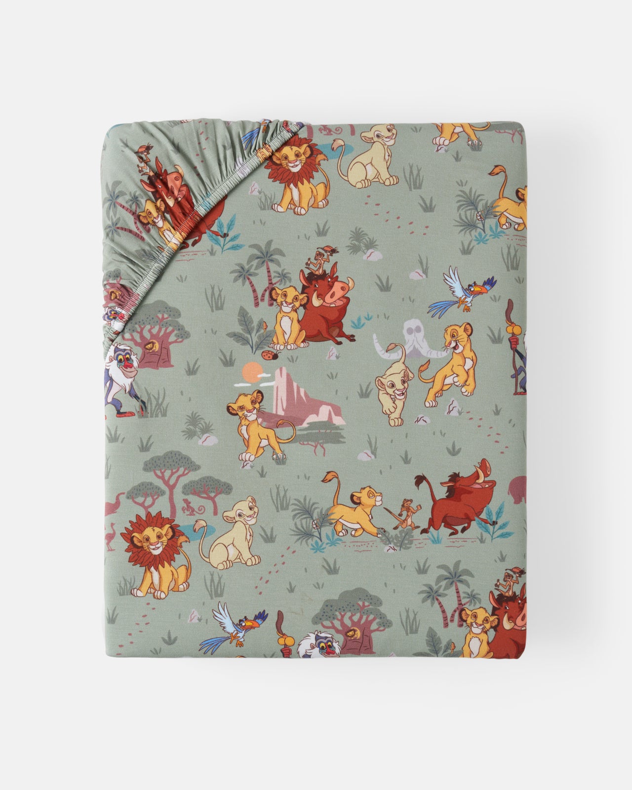 Flat lay of the Disney Simba's Safari Fitted Crib Sheet