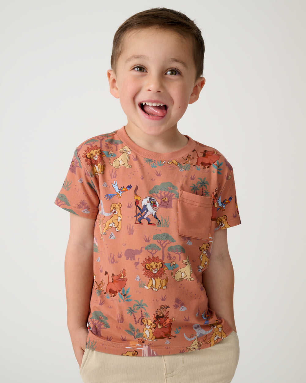 Boy wearing the Disney Simba's Safari Relaxed Pocket Tee