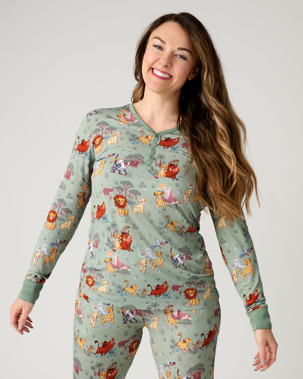 Woman wearing the Disney Simba's Safari Women's Long Sleeve Pajama Top