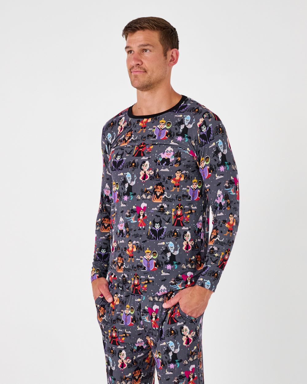 Standing man wearing the Disney Villains Men's Long Sleeve Pajama Top