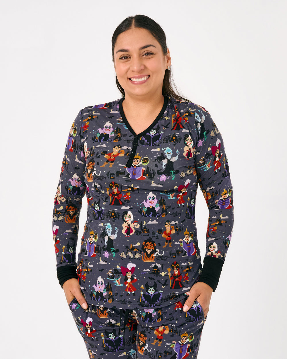 Woman wearing the Disney Villains Women's Long Sleeve Pajama Top
