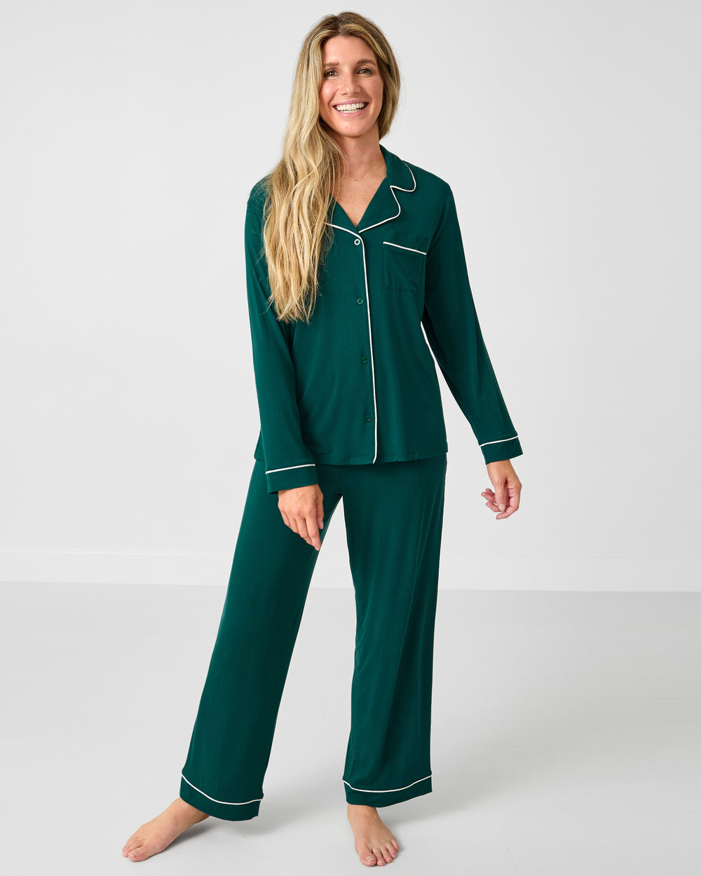 Woman wearing the Emerald Women's Long Sleeve Pajama Set