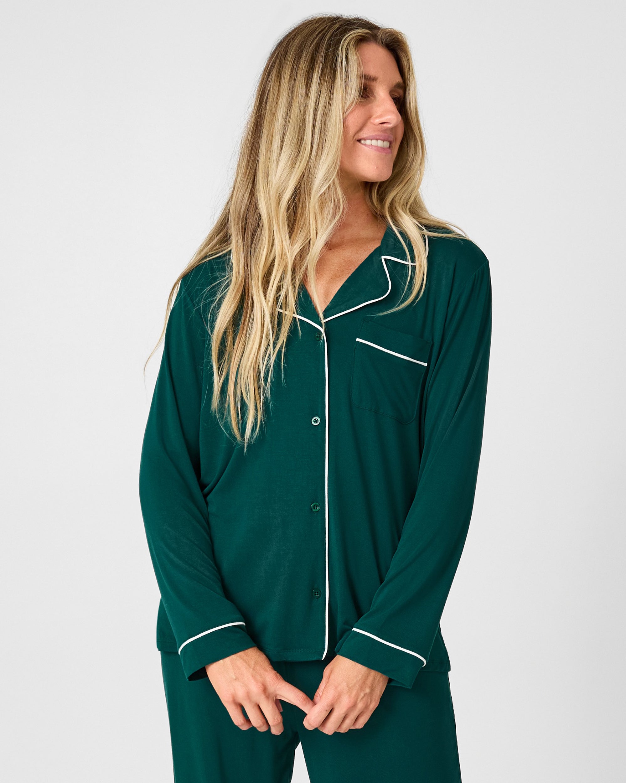 Close up of woman wearing the Emerald Women's Long Sleeve Pajama Set