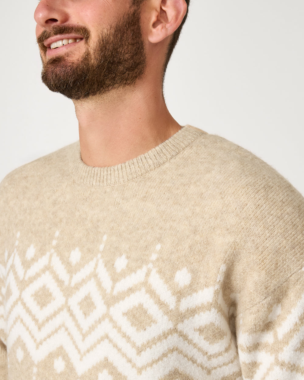 Close up of the neck opening on the Neutral Fair Isle Adult Sweater