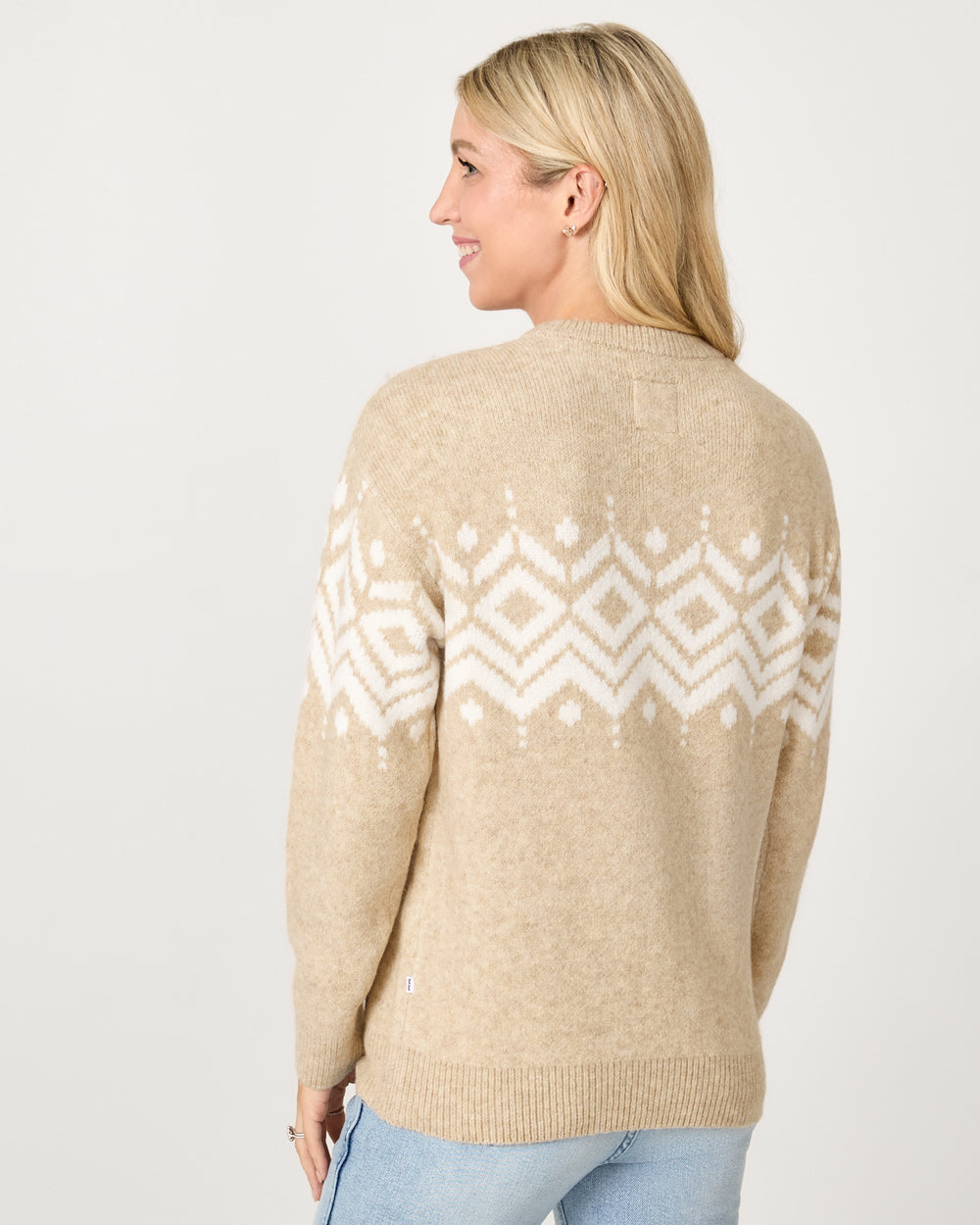 Back side of woman wearing the Neutral Fair Isle Adult Sweater