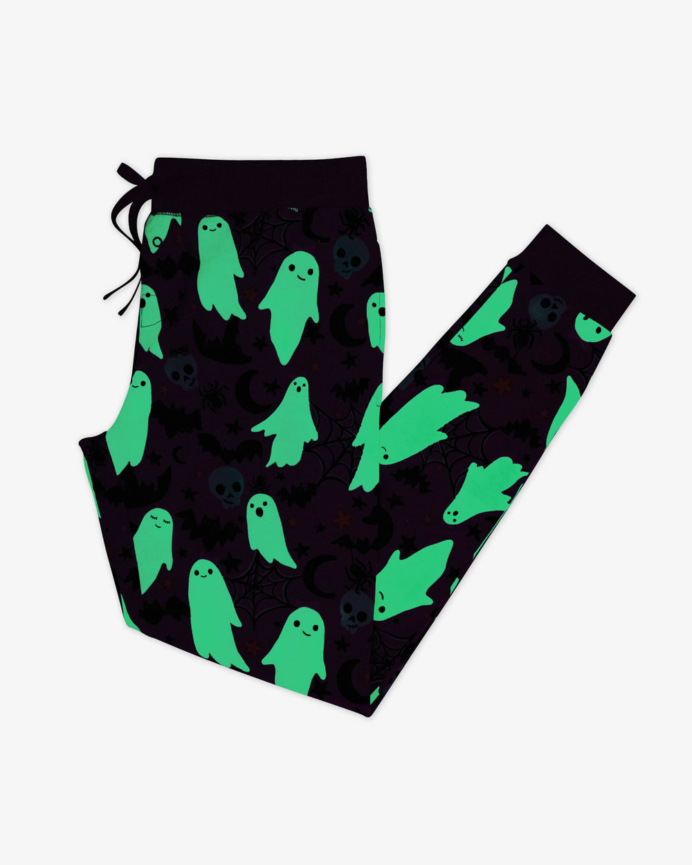 Flat lay of the Pink Frightful Friends Women's Pajama Pants showing the glow in the dark feature