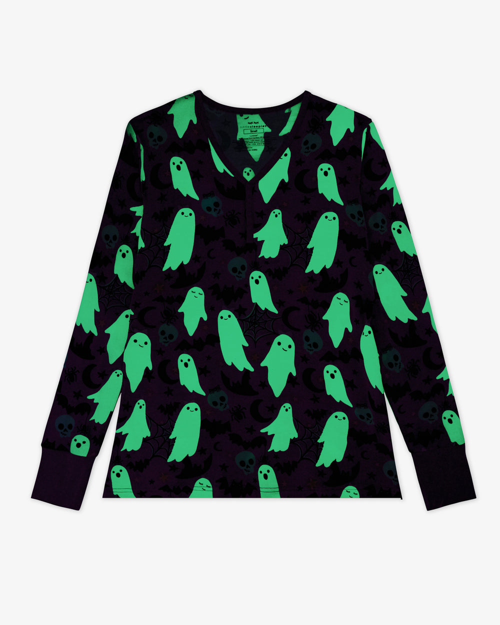 Flat lay of the Pink Frightful Friends Women's Long Sleeve Pajama Top showing the glow in the side feature