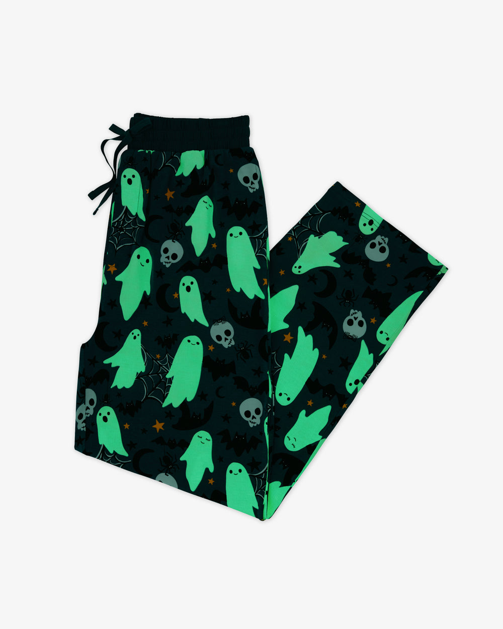 Flat lay of the Frightful Friends Men's Pajama Pants glow in the dark feature