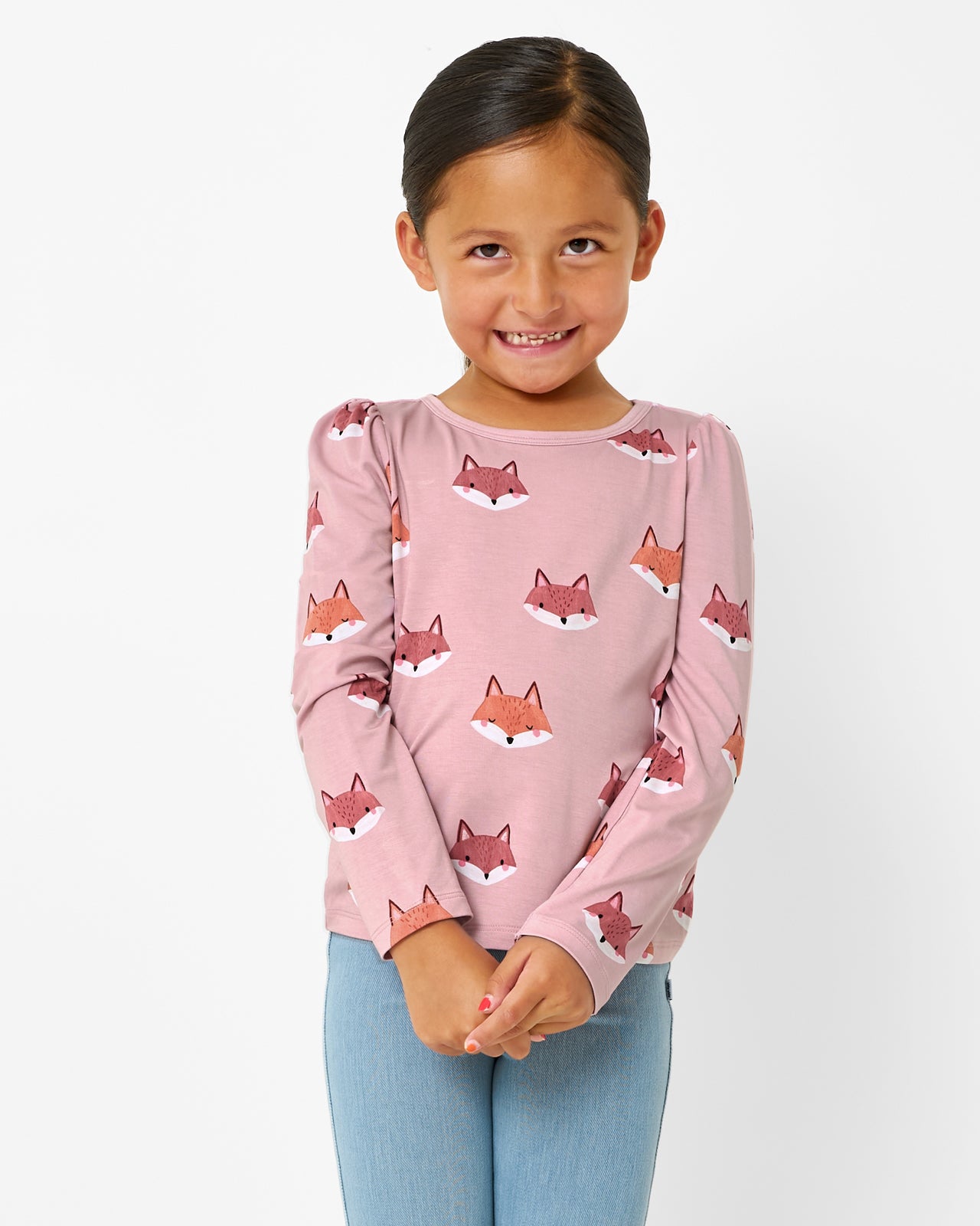 Girl wearing the Pink Fox Tracks Puff Sleeve Tee