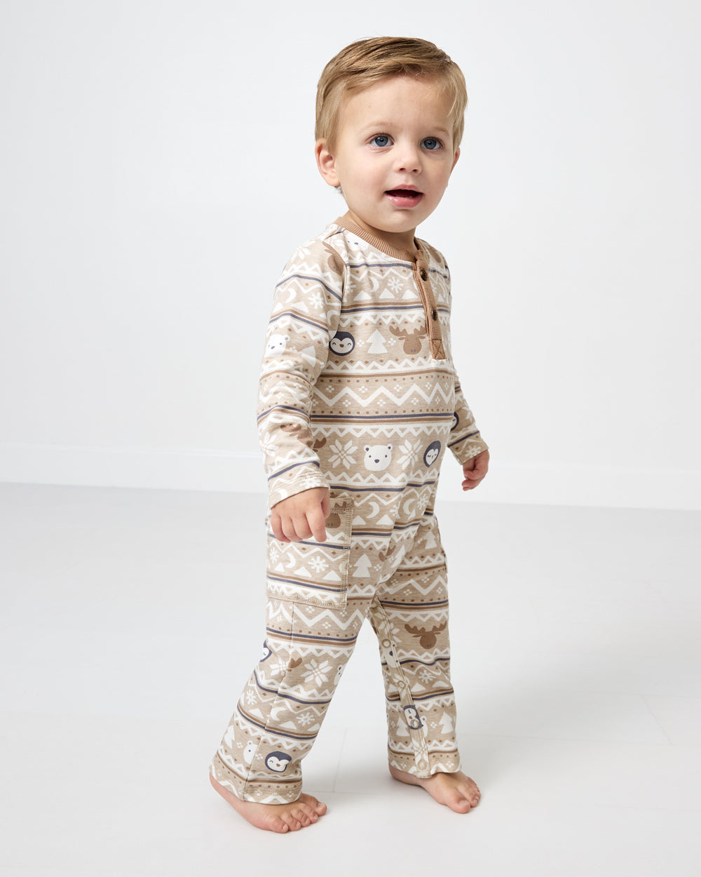 Boy wearing the Frosty Fair Isle Henley Romper