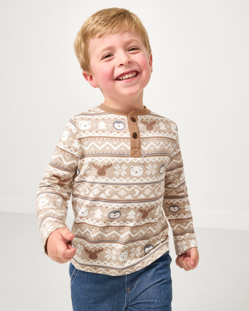 Boy wearing the Frosty Fair Isle Henley Tee