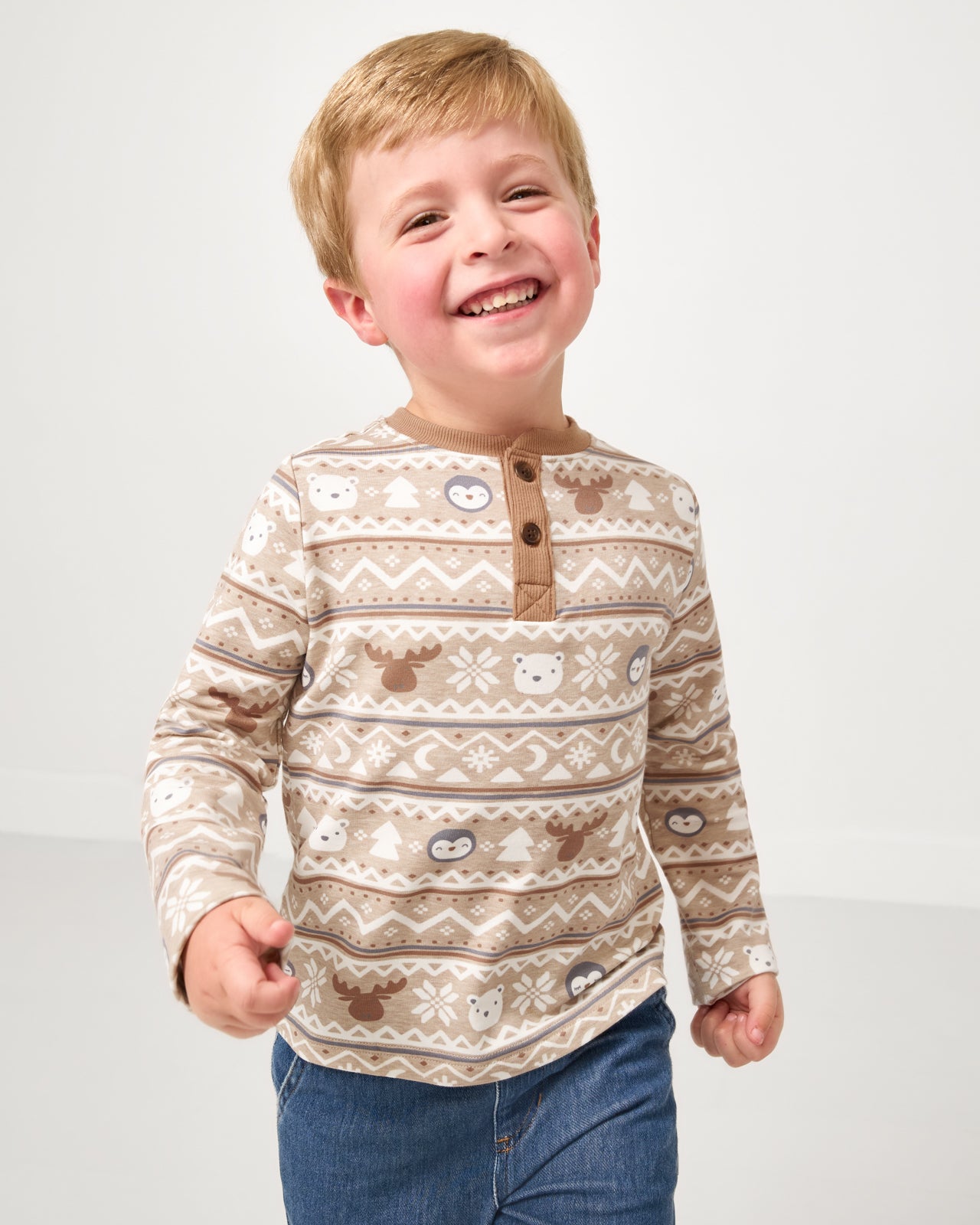 Boy wearing the Frosty Fair Isle Henley Tee