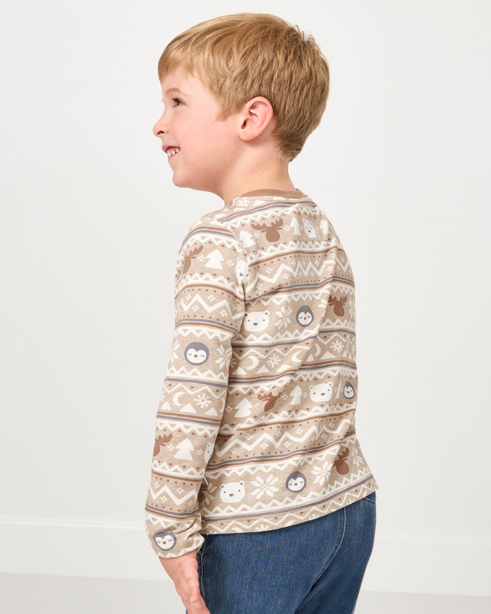 Back view of boy wearing the Frosty Fair Isle Henley Tee