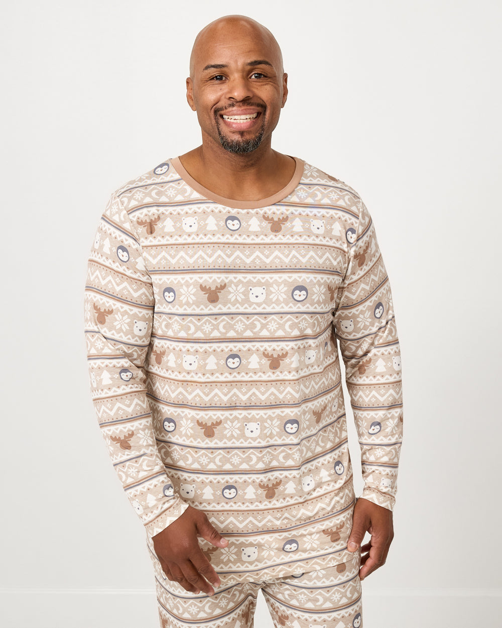 Man wearing the Frosty Fair Isle Men's Long Sleeve Pajama Top