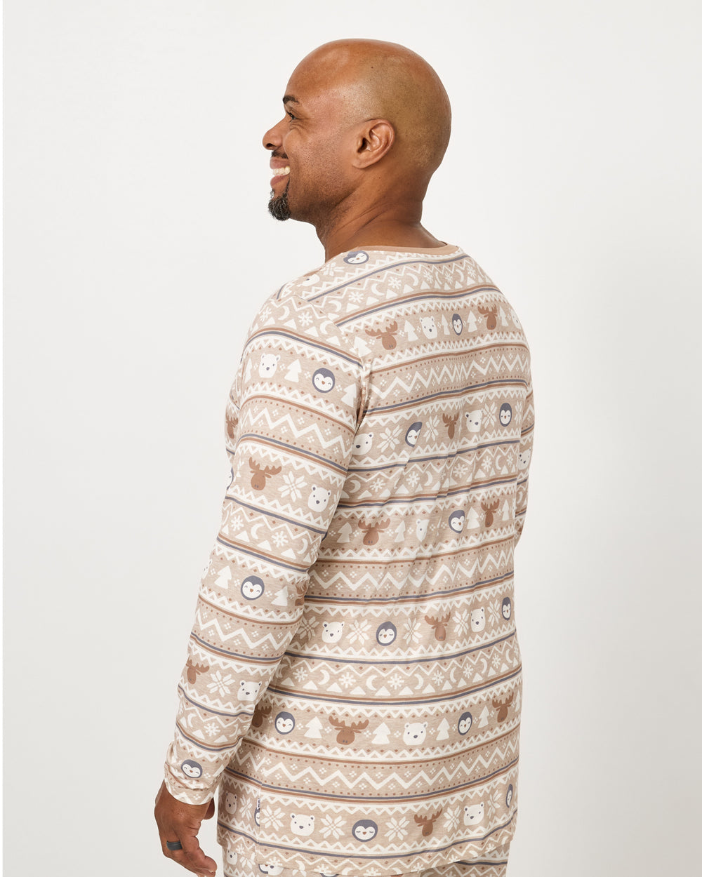 Back side of man wearing the Frosty Fair Isle Men's Long Sleeve Pajama Top