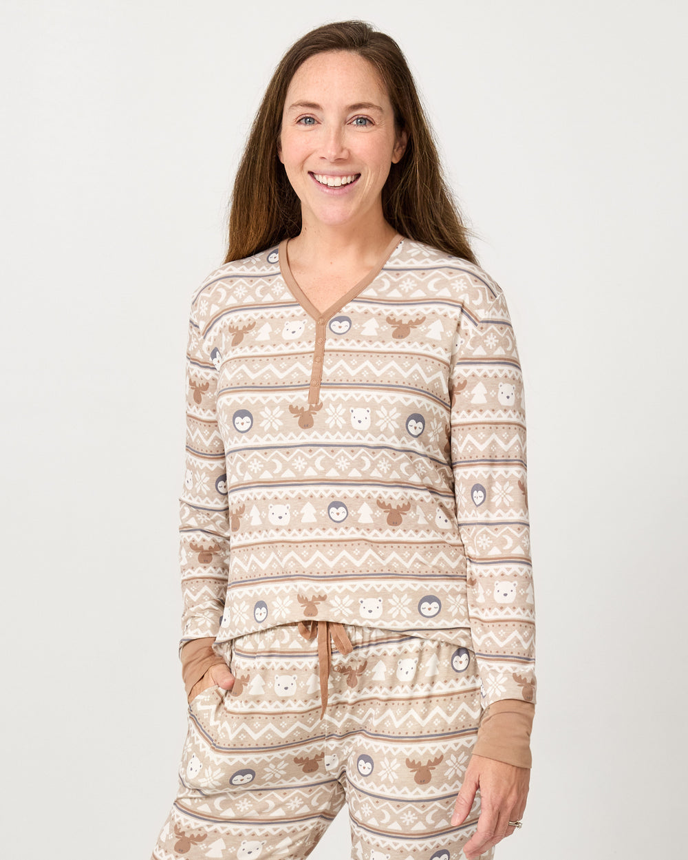 Woman wearing the Frosty Fair Isle Women's Long Sleeve Pajama Top