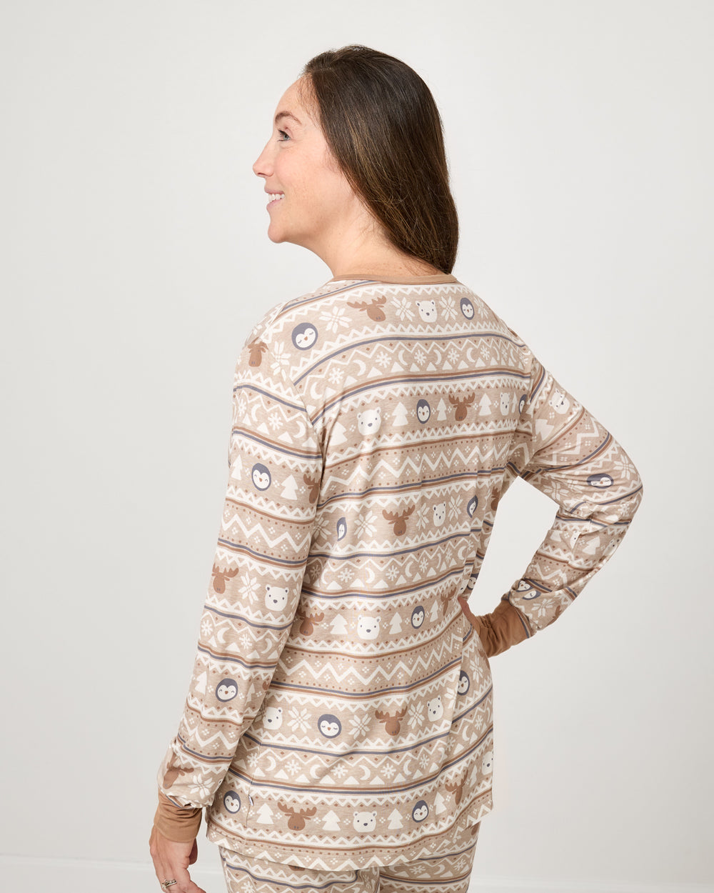 Back view of woman wearing the Frosty Fair Isle Women's Long Sleeve Pajama Top