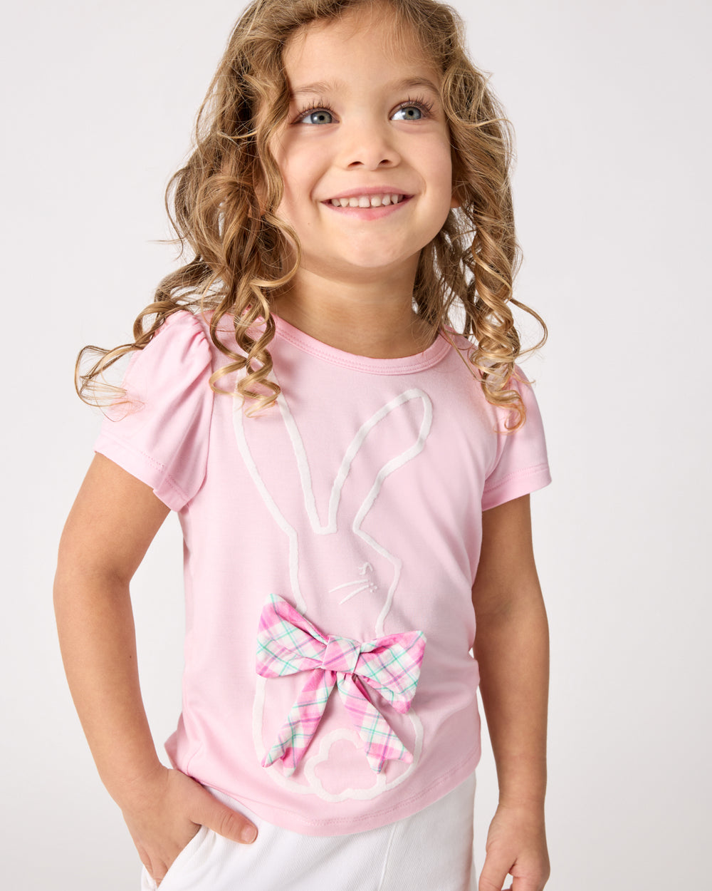 Child wearing the Flocked Bunny Puff Sleeve Tee