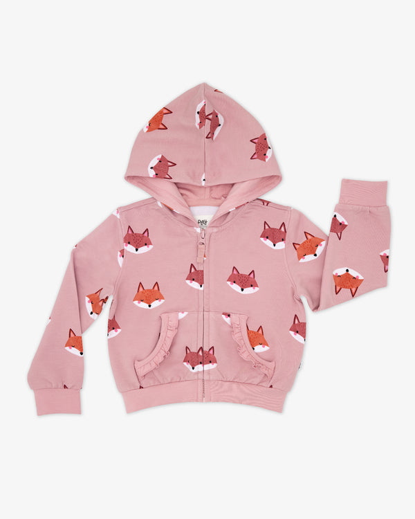 Flat lay of the Fox Tracks Ruffle Zip Hoodie