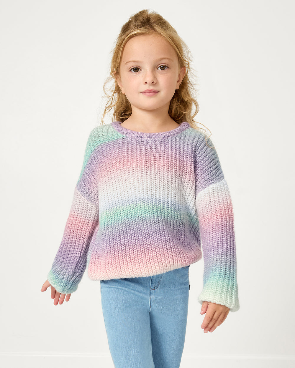 Girl wearing the Frosty Ombre Drop Shoulder Sweater