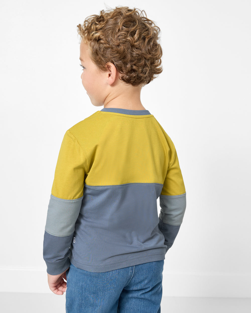 Back view of boy wearing the Golden Moss Paneled Tee
