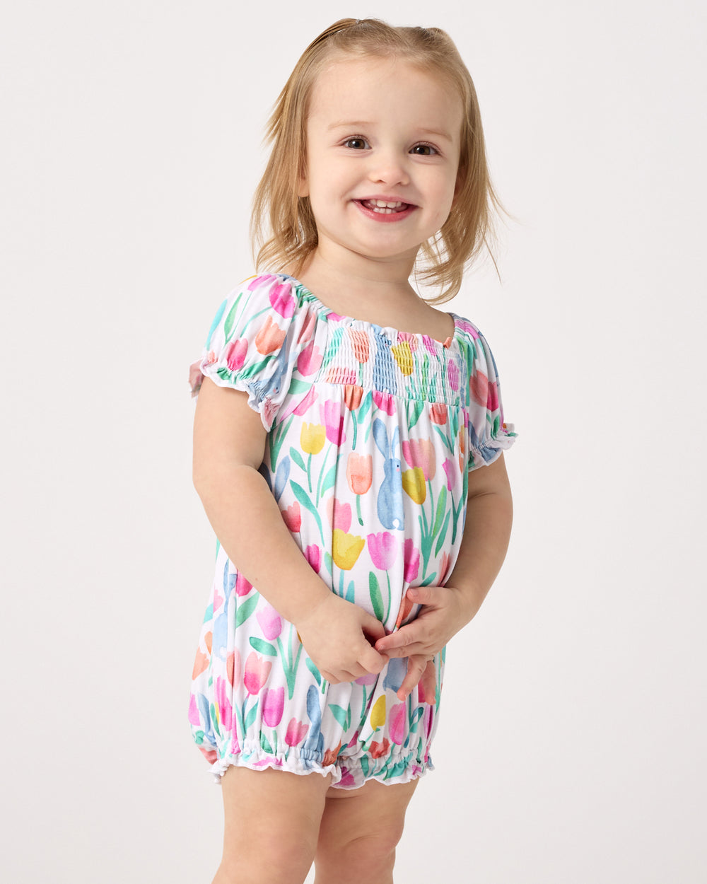 Alternate girl wearing the Garden Hop Smocked Bubble Romper