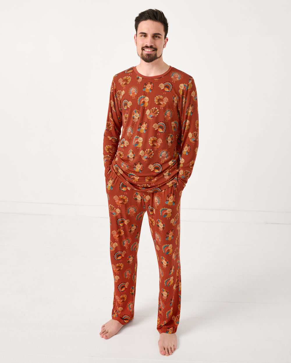 Man wearing the Grateful Gobbles Men's Pajama Pants and Top